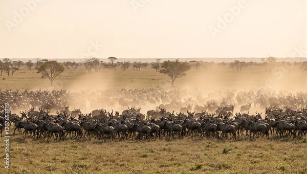 Fototapeta Majestic wildebeest migration in Serengeti savannah