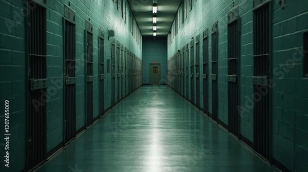 Fototapeta Empty hallway on death row. Long, empty hallway in a dimly lit prison with visible cell doors on each side.