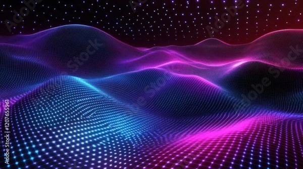 Fototapeta Abstract digital landscape with glowing particles. Futuristic technology background. Vector illustration.
