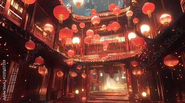 Fototapeta Red lanterns hanging from the eaves of a traditional chinese building create a festive atmosphere, petals falling gently from the sky during the lunar new year celebration