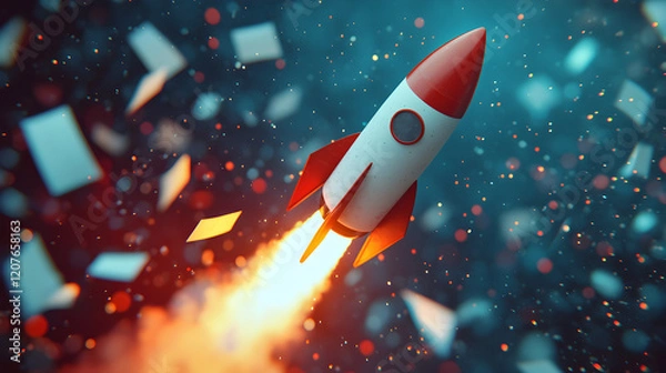 Fototapeta Rocket Launching Through Colorful Confetti Background