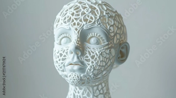 Obraz Intricate 3D-printed head sculpture, delicate lace-like design, minimalist aesthetic, white color, artistic, detailed craftsmanship.