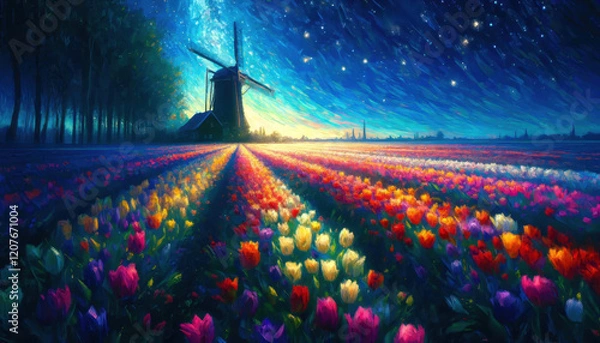 Fototapeta 柔らかな色彩で描いたチューリップと風車の風景。
花畑と星空が織りなす調和の瞬間。
自然が奏でる優しい色彩のハーモニー。
風車と花畑の安らぎの情景。
穏やかな夜に包まれるチューリップの花畑。
柔らかな光に包まれる田園風景。
心を穏やかにする色彩の風景画。
Generated by AI.
