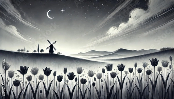Fototapeta 柔らかな色彩で描いたチューリップと風車の風景。
花畑と星空が織りなす調和の瞬間。
自然が奏でる優しい色彩のハーモニー。
風車と花畑の安らぎの情景。
穏やかな夜に包まれるチューリップの花畑。
柔らかな光に包まれる田園風景。
心を穏やかにする色彩の風景画。
Generated by AI.
