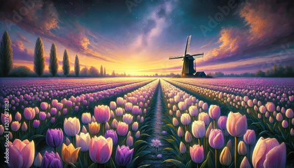 Fototapeta 柔らかな色彩で描いたチューリップと風車の風景。
花畑と星空が織りなす調和の瞬間。
自然が奏でる優しい色彩のハーモニー。
風車と花畑の安らぎの情景。
穏やかな夜に包まれるチューリップの花畑。
柔らかな光に包まれる田園風景。
心を穏やかにする色彩の風景画。
Generated by AI.
