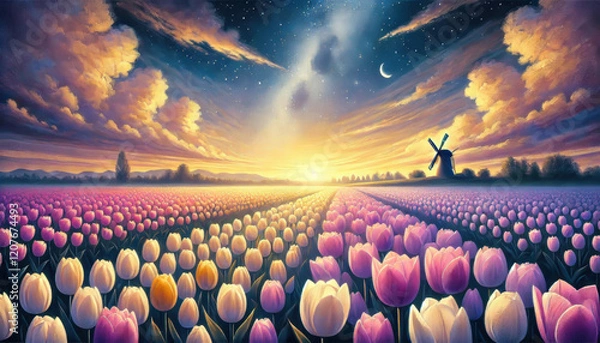 Fototapeta 柔らかな色彩で描いたチューリップと風車の風景。
花畑と星空が織りなす調和の瞬間。
自然が奏でる優しい色彩のハーモニー。
風車と花畑の安らぎの情景。
穏やかな夜に包まれるチューリップの花畑。
柔らかな光に包まれる田園風景。
心を穏やかにする色彩の風景画。
Generated by AI.
