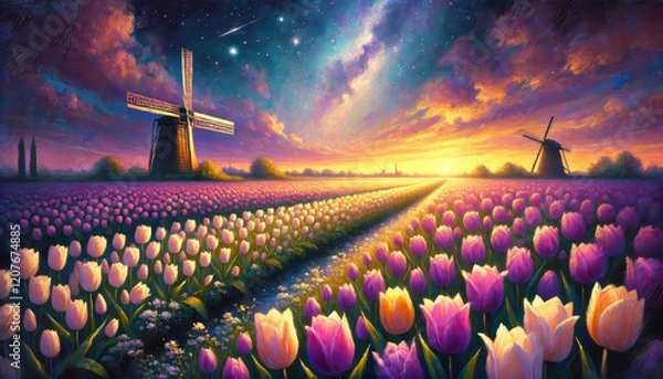 Fototapeta 柔らかな色彩で描いたチューリップと風車の風景。
花畑と星空が織りなす調和の瞬間。
自然が奏でる優しい色彩のハーモニー。
風車と花畑の安らぎの情景。
穏やかな夜に包まれるチューリップの花畑。
柔らかな光に包まれる田園風景。
心を穏やかにする色彩の風景画。
Generated by AI.
