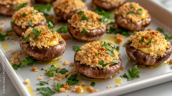 Fototapeta A vibrant image of cheese-stuffed mushrooms garnished with breadcrumbs and parsley on a clean ceramic tray