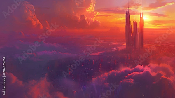 Fototapeta Night sky, a floating city in the distance, purple and orange clouds, city lights on buildings, fantasy art style, dark black background, vibrant colors