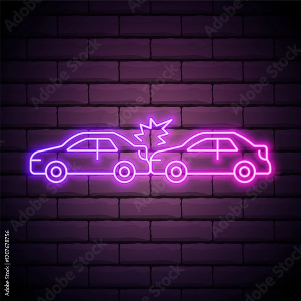Fototapeta Glowing neon line Car accident icon isolated on brick wall background. Auto accident involving two cars. Vector