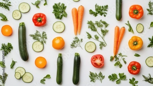 Fototapeta A variety of vegetables: tomatoes, carrots, cucumbers, broccoli, and bell peppers, isolated on white background