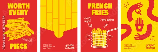 Obraz French Fries Cover Designs with Bold Typography and Vibrant Red-Yellow Themes.