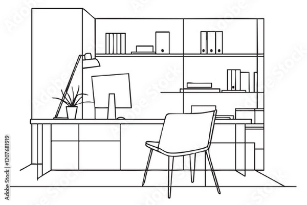 Fototapeta Workplaces interior sketch. Tables, chairs and windows