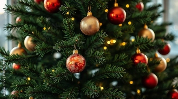 Fototapeta Close-Up of a Decorated Christmas Tree with Golden and Red Ornaments