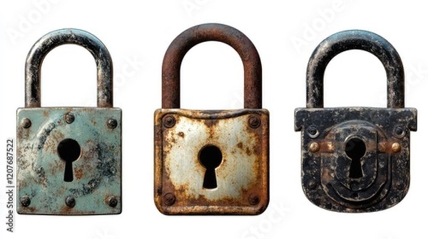 Fototapeta Collection of three vintage locks with distinct textures and colors, representing security and protection. transparent background 