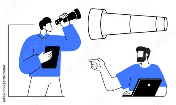 Fototapeta Two individuals engaged in exploration and data analysis using a telescope and a laptop one looks through a telescope, the other points while using a laptop. Ideal for discovery, forecasting