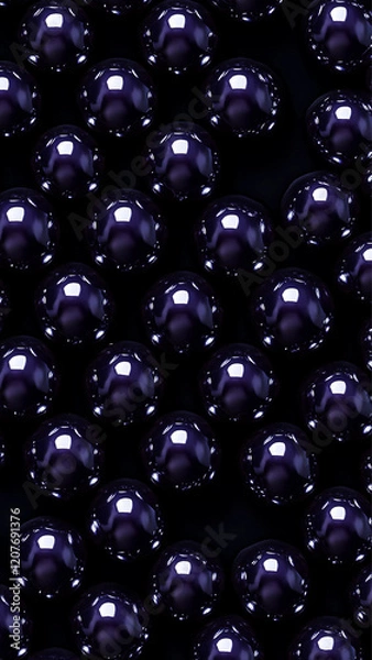 Fototapeta An abstract dark composition featuring a wave-like formation of glossy black spheres against a pitch-black background. The spheres are illuminated subtly, creating a sense of depth, texture, and myste