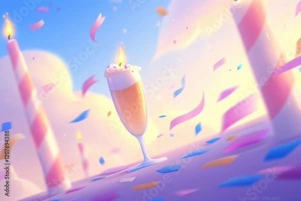 Fototapeta A festive scene featuring a glass of drink adorned with cream, surrounded by colorful ribbons and candles, creating a cheerful and celebratory atmosphere.