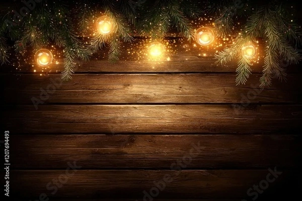 Fototapeta A warm, festive scene featuring soft glowing lights and evergreen branches against a rustic wooden backdrop, creating a cozy holiday atmosphere.