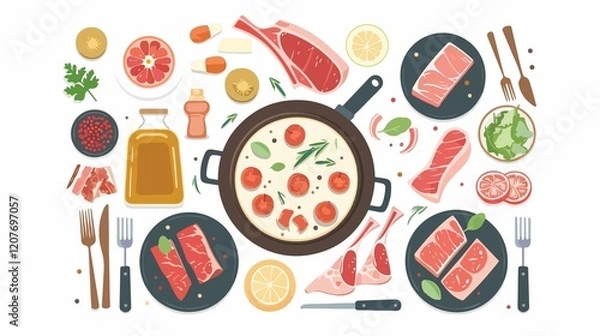 Fototapeta Elegant Fondue Pot with Oil, Forks, Raw Meat Pieces, and Other Professional Ingredients