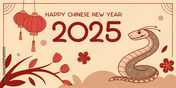 Fototapeta celebration of Chinese New Year 2025, highlighting the Year of the Snake. With bright colors and traditional elements like red lanterns and elegant snake motifs. Creaeted with generative AI.