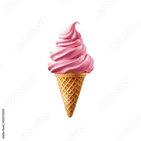 Obraz Detailed 3D illustration of a pink soft serve ice cream cone with a waffle cone design. Swirled perfectly, showcasing a creamy texture and vibrant pink color. Isolated on transparent background, png.