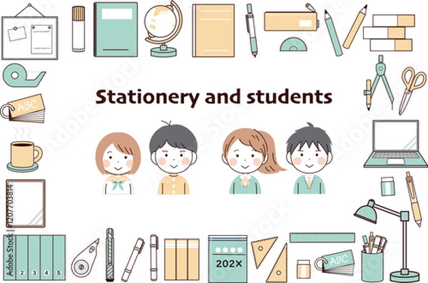 Obraz シンプルな文房具と学生のイラスト素材セット２