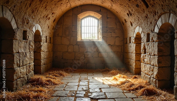 Fototapeta Bastille Prison Bastille Day Copy space Sunlight through arched stone jail cell with straw