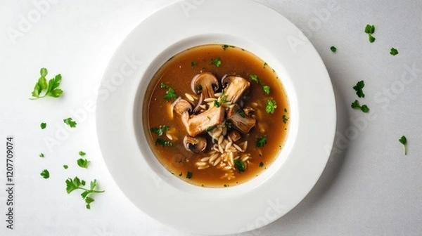 Fototapeta Overhead view of mushroom soup with orzotto in a white bowl, garnished with parsley on a light background.