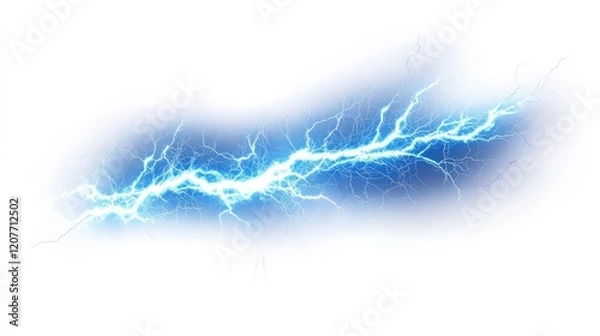 Fototapeta Powerful electric lightning bolt with bright blue energy striking across isolated on transparent background