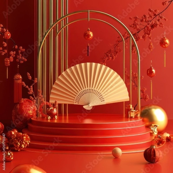 Fototapeta Red festive stage with fan, ornaments & branches.