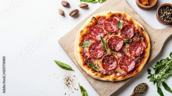 Fototapeta Freshly baked salami pizza with herbs and spices on wooden board, surrounded by seasoning bowls and nutmeg, against a white backdrop.