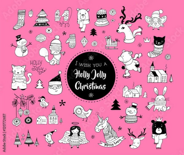 Obraz Christmas hand drawn cute doodles, stickers, illustrations and elements
