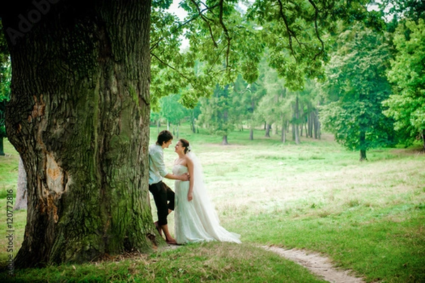 Fototapeta the bride and groom near old wood in summer, beautiful background