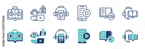 Fototapeta education audio book icon line set online book learning listening podcast media study signs vector illustration for web and app