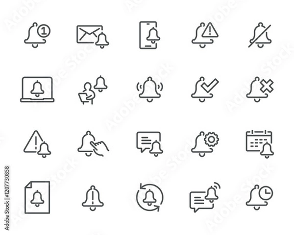 Obraz Minimal Notification Icons Bells and Alerts Pack. Includes 20 icons for notifications, warnings, and reminders. Vector based, customizable, and ready for use.