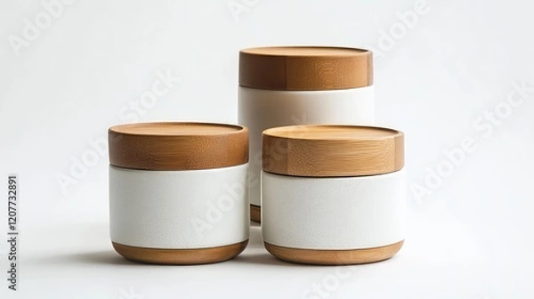 Fototapeta Lidded Storage Containers with Wood Lids on White Background, Featuring Minimalist Design and Soft Color Palette, Ideal for Home Organization