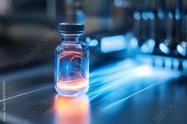 Fototapeta A glowing vial of xenon gas in a laboratory setting, with its characteristic pale blue light emitting softly