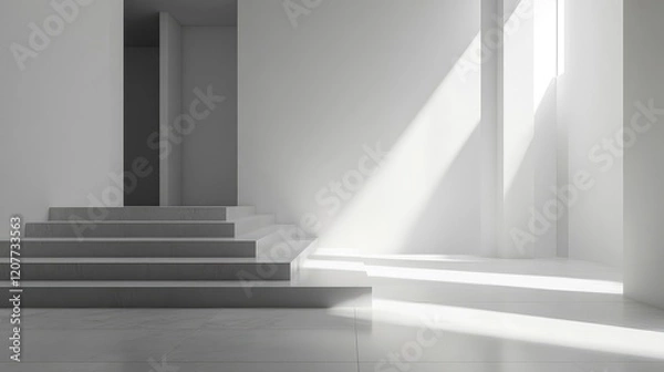 Fototapeta Modern minimalist home interior with clean geometric stair design in white tones, natural light streaming through large windows, spacious ambiance.