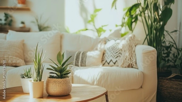 Fototapeta Bright living room with a cream sofa, rustic wood table, and various indoor plants, illuminated by natural light from a window.