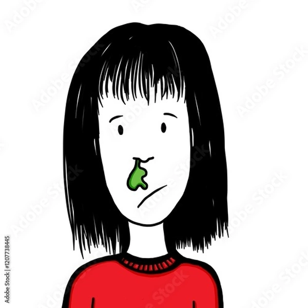Fototapeta Girl with black hair, wearing a red sweater with runny nose. She appears sick, with a humorous touch, showing a playful yet relatable character. The illustration captures her expression of discomfort 