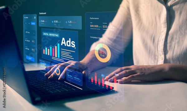 Fototapeta Digital marketing concept.Ads dashboard screen digital.Digital marketing concept.Online advertising ,digital marketing and ad on internet to targeted customers.	
