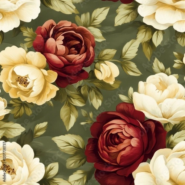 Fototapeta Seamless Pattern - Elegant floral pattern with red and cream roses.