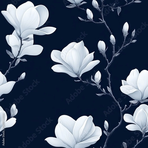 Fototapeta Seamless Pattern - Elegant magnolia blossoms on dark background
