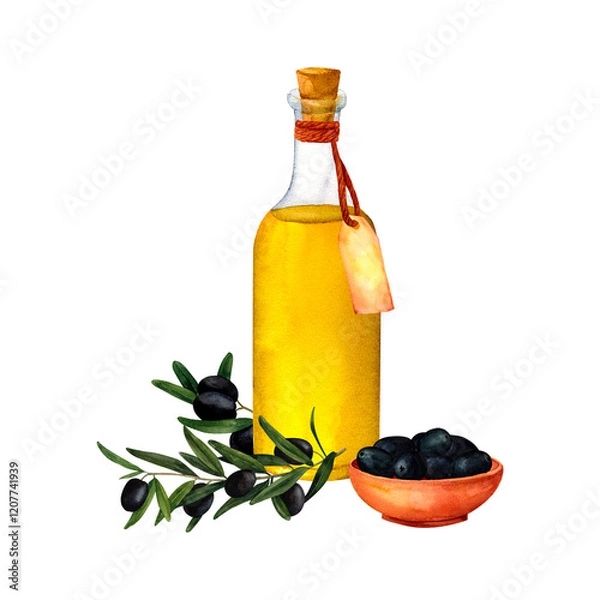 Obraz Olive oil bottle with a vintage label and a bowl of black olives, with olive branch watercolor composition rustic and natural atmosphere. Perfect for culinary blogs, packaging designs