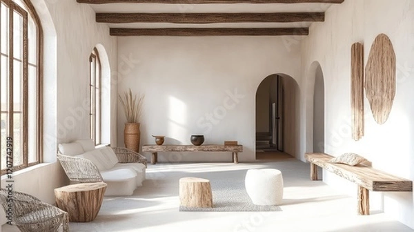 Fototapeta Minimalist home interior with white walls and natural wood furniture, featuring light beams from windows, and open space layout, modern aesthetic.