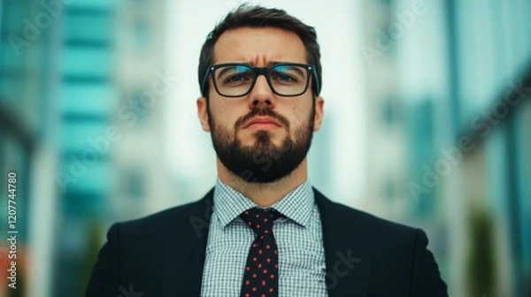 Fototapeta The Focused Gaze:  A portrait of a determined businessman in a sharp suit and tie, his eyes fixed on the camera, conveying unwavering focus, professionalism, and ambition.