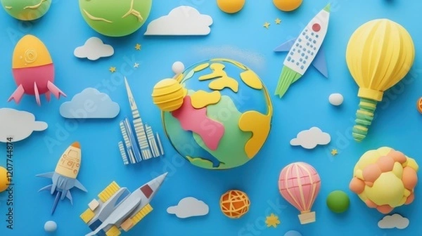 Fototapeta World in flat design top view futuristic theme cartoon drawing colored pastel. 