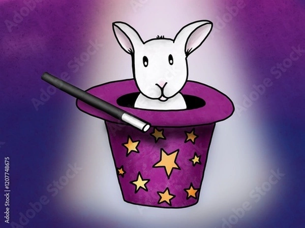 Fototapeta Magician's hat on stage with bright lighting. Inside the hat, there is a white rabbit, and a magician's wand is placed on top of the hat.