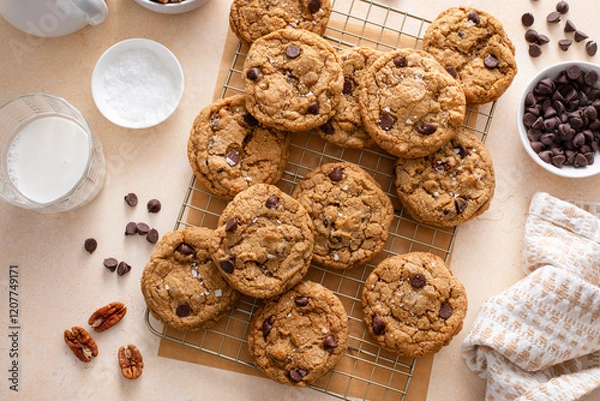 Fototapeta Chocolate chip cookies with pecan nuts, freshly baked cookies on a cooling rack